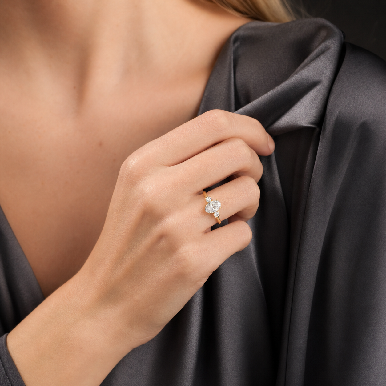Oval Classic Round Three Stone Small Sides in 18K Yellow Gold wearing