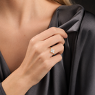 Oval Classic Round Three Stone Small Sides in 18K Yellow Gold wearing
