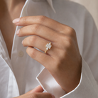 Radiant Classic Round Three Stone Small Sides in 18K Yellow Gold wearing
