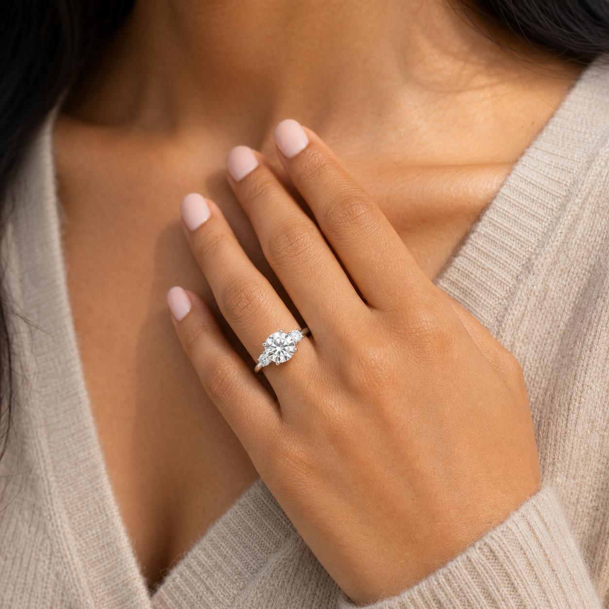 Round Classic Round Three Stone Small Sides in 14K White Gold wearing