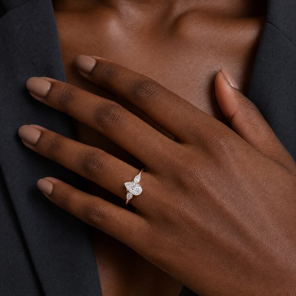 Pear Ornate Accented Three Stone in 14K Rose Gold wearing