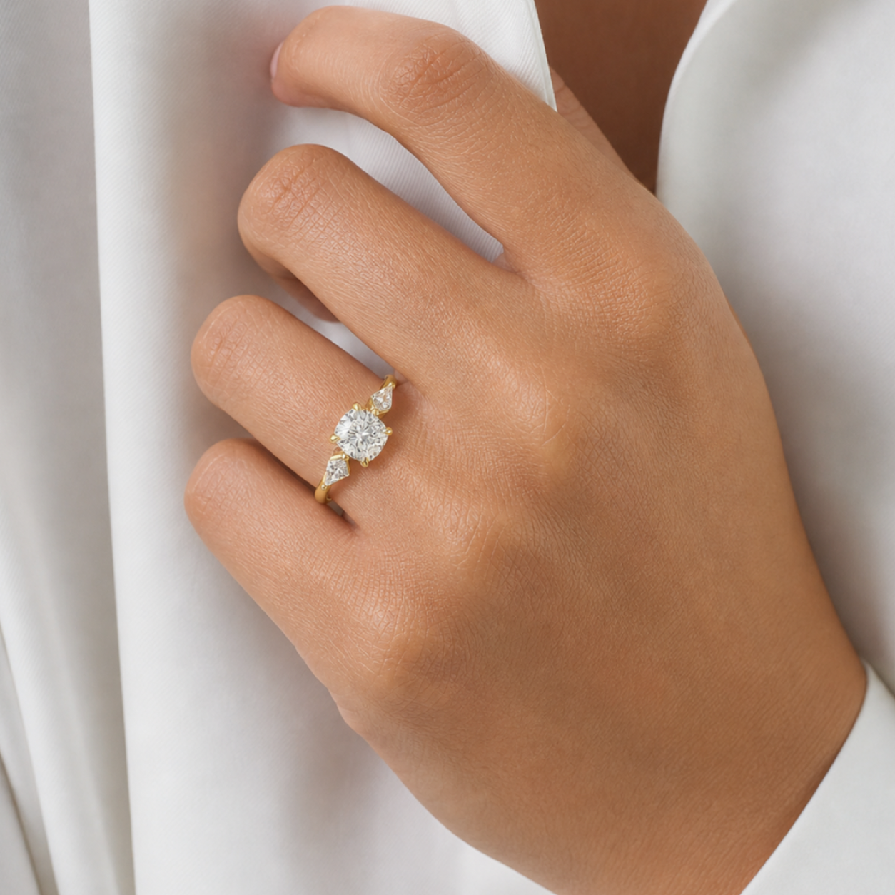 Cushion Kite Side Three Stone Large Sides in 14K Rose Gold wearing