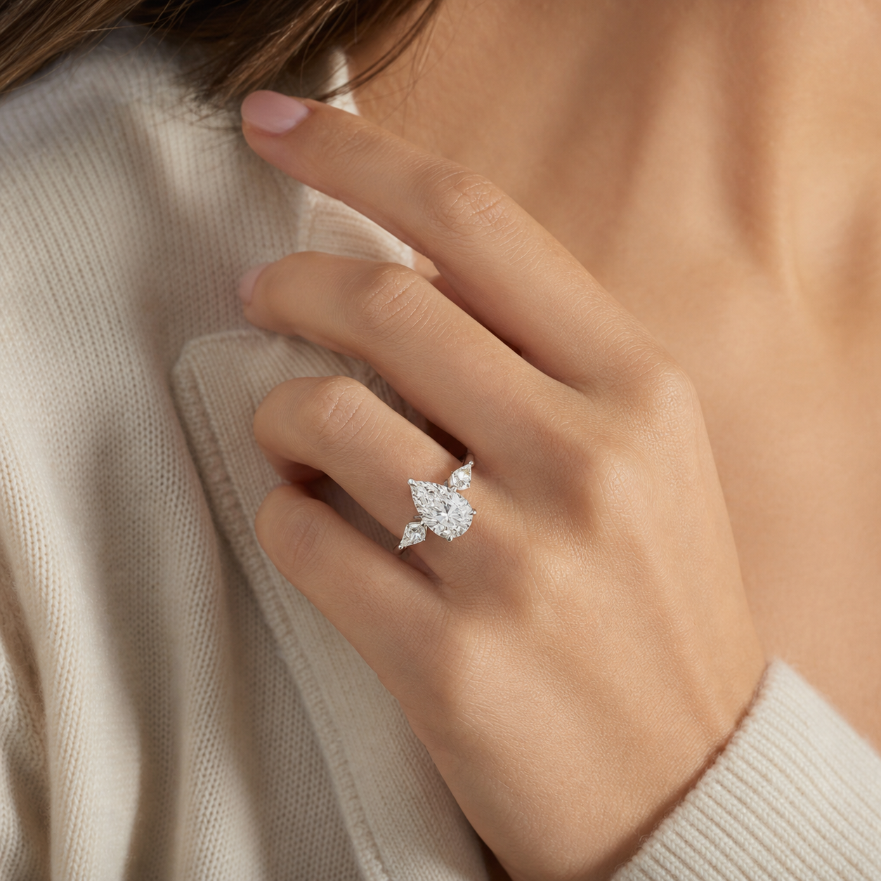 Pear Kite Side Three Stone Large Sides in 14K White Gold wearing