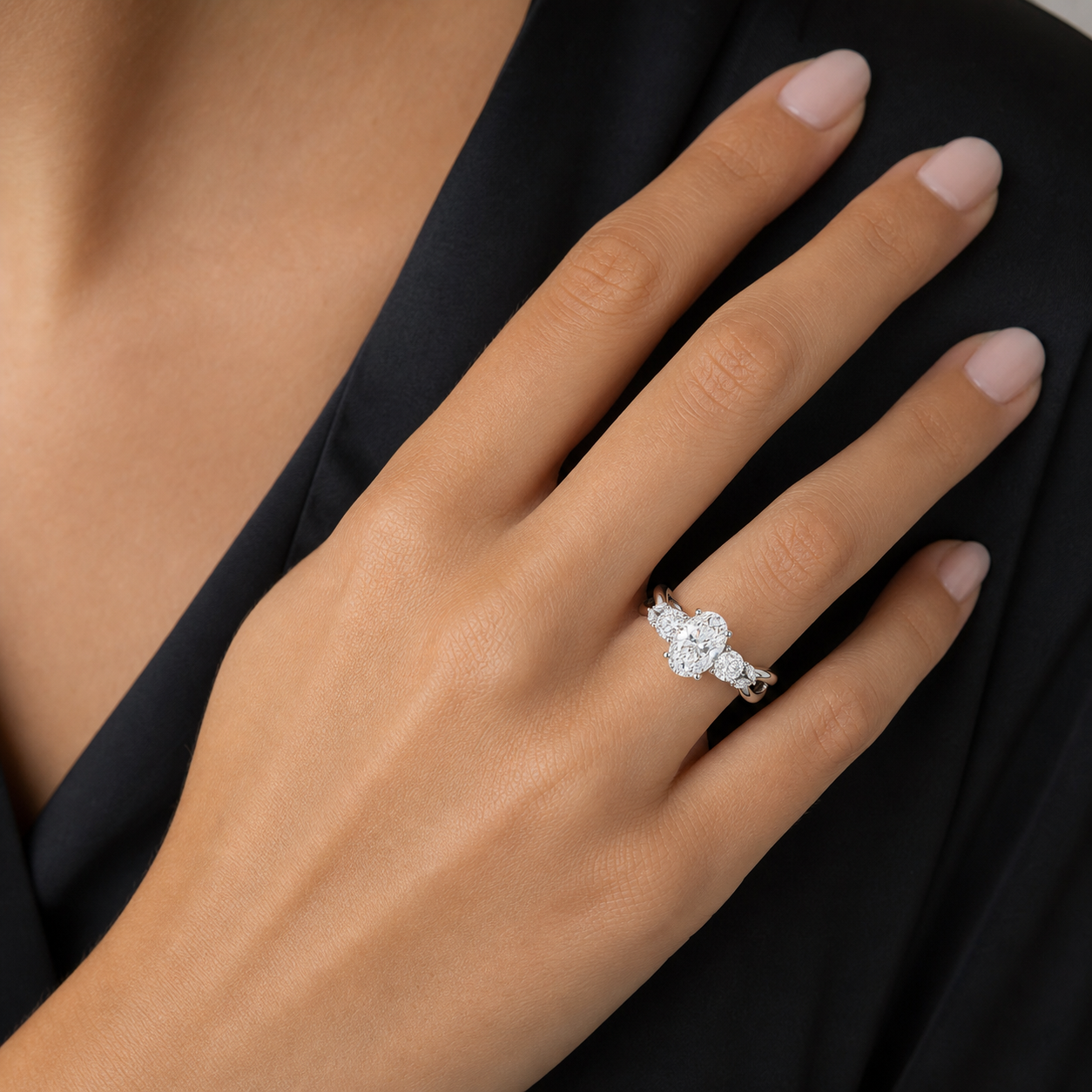 Oval Willow Composite Three Stone in 18K White Gold wearing
