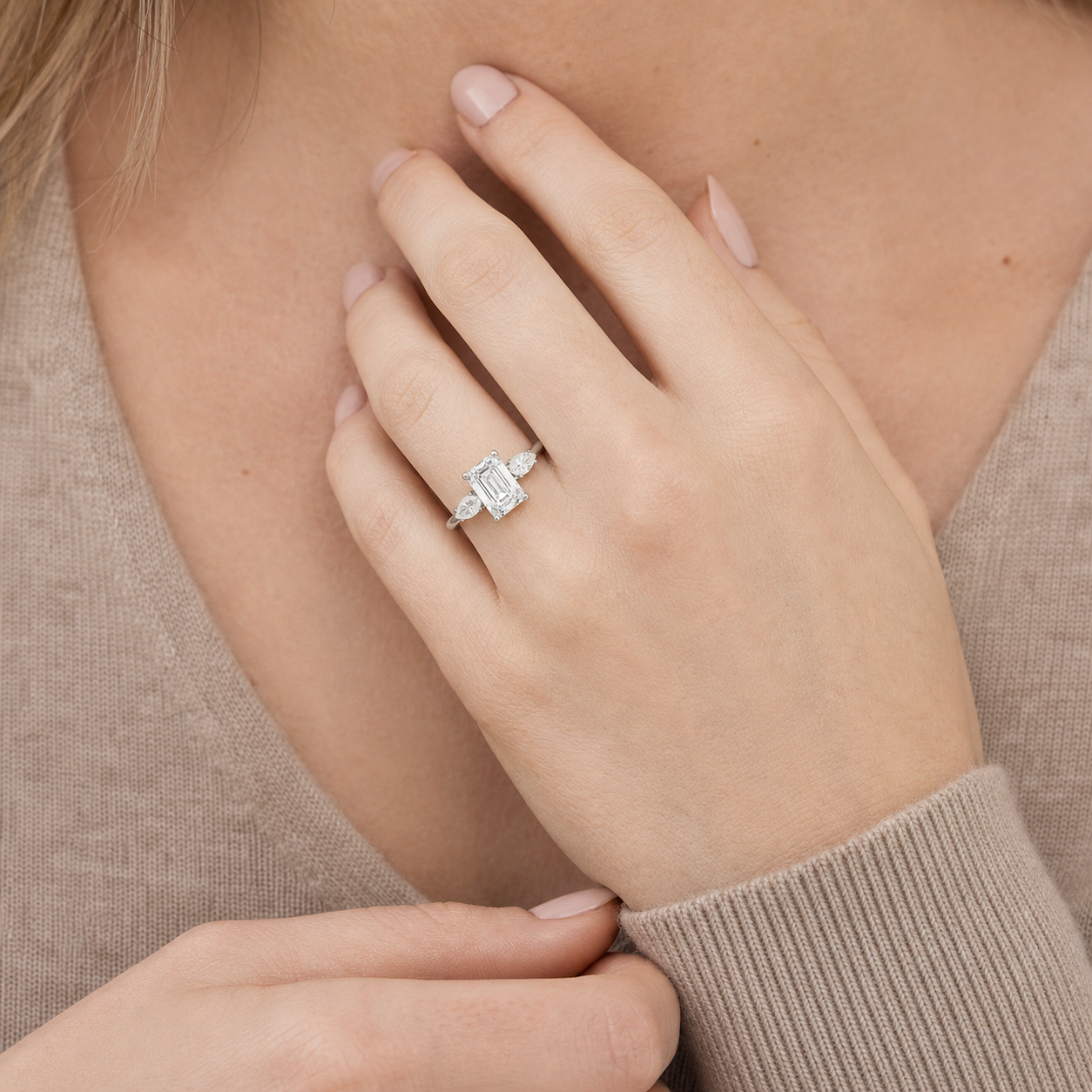 Emerald Classic Three Stone in 14K White Gold wearing