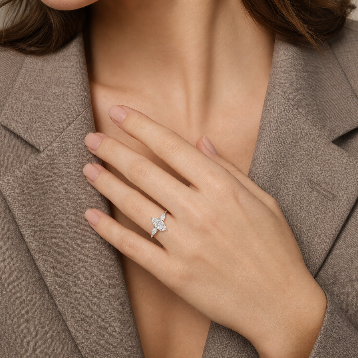Marquise Classic Three Stone in 14K White Gold wearing