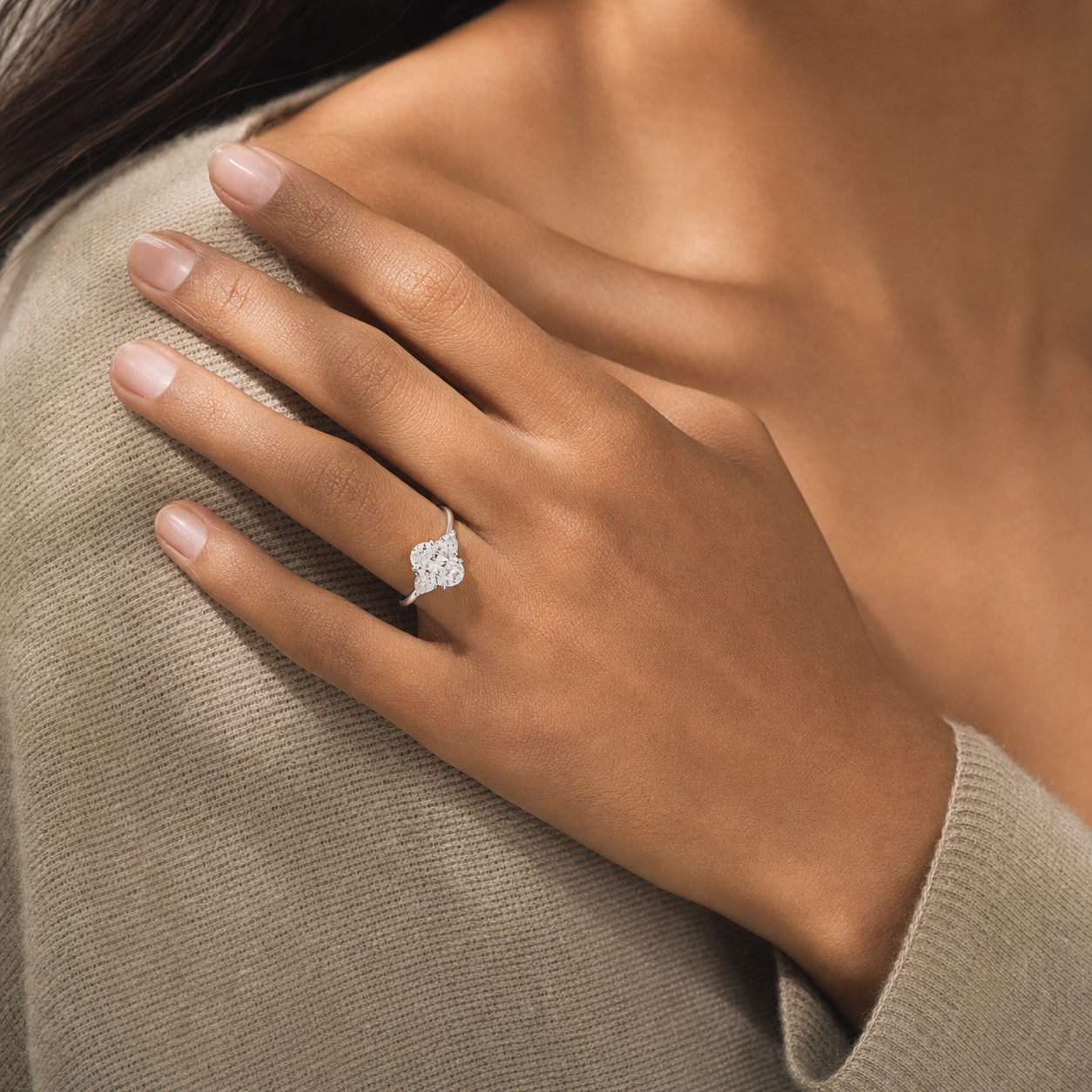 Oval Trillion Three Stone Large Sides in Platinum wearing