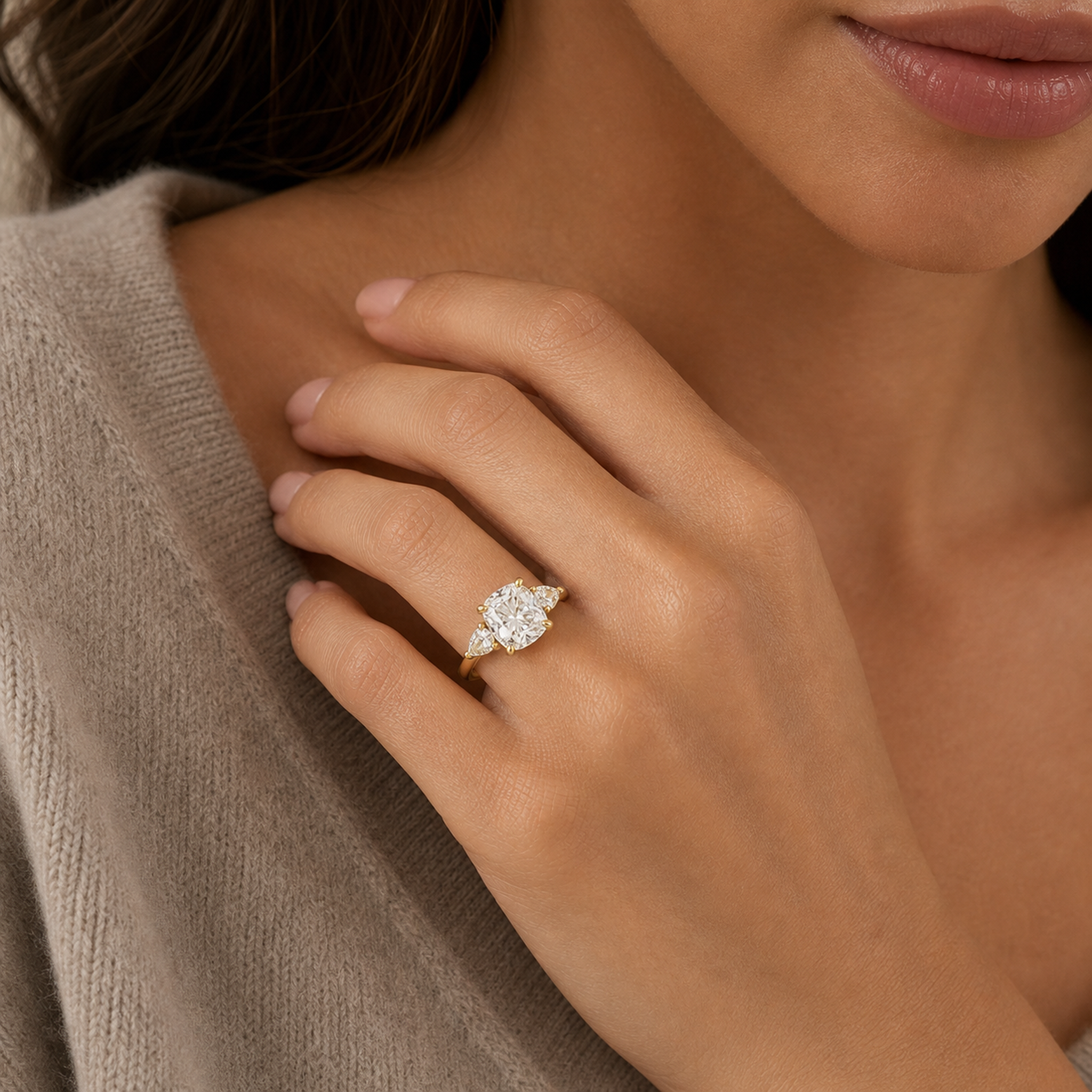 Cushion Pear Side Three Stone Classic in 18K Yellow Gold wearing