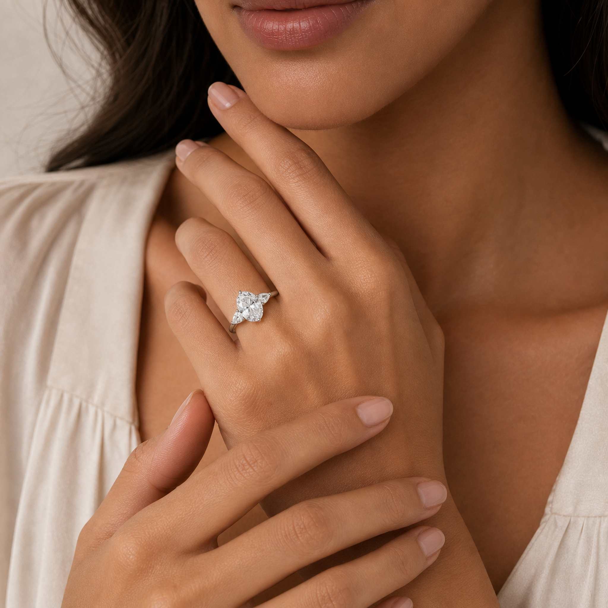 Oval Pear Side Three Stone Classic in 14K White Gold wearing