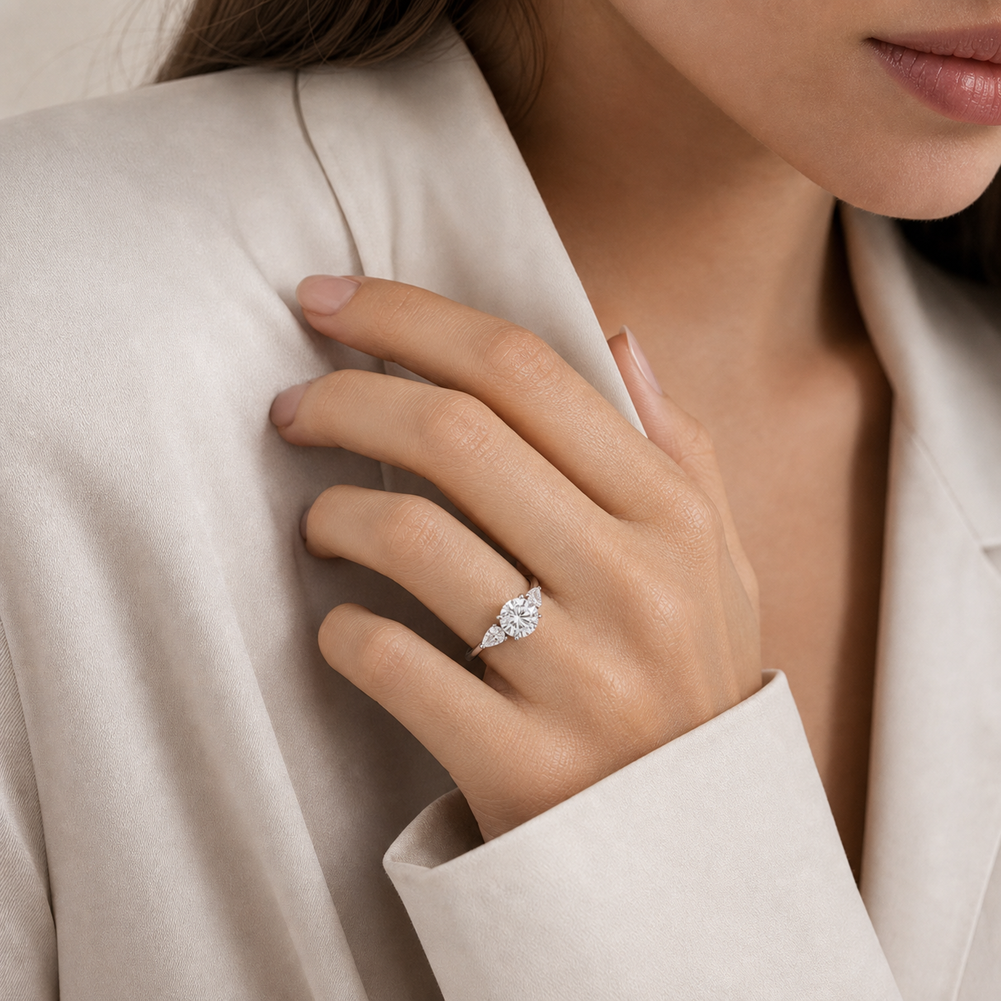 Round Pear Side Three Stone Classic in Platinum wearing