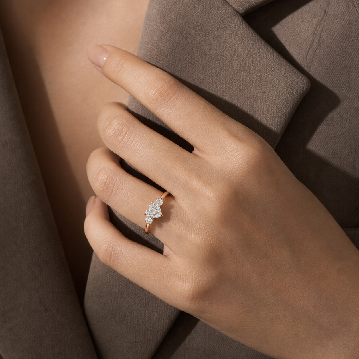 Heart Pear Three-Stone with Round Sides in 14K Yellow Gold wearing