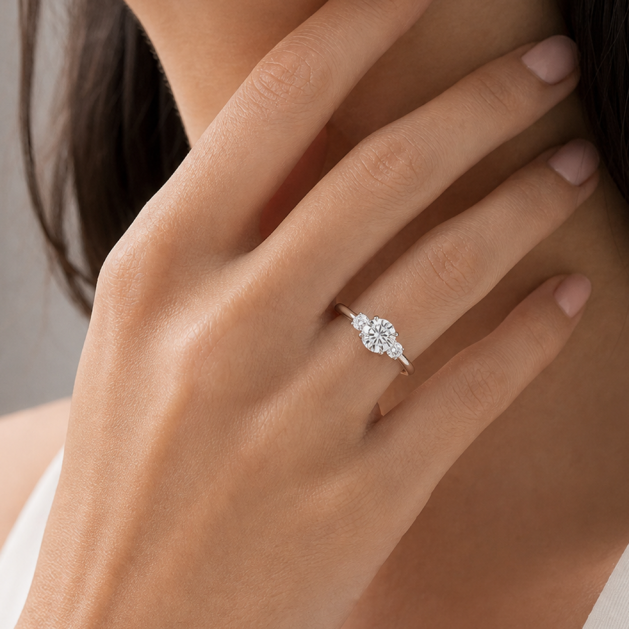 Round Pear Three-Stone with Round Sides in 14K White Gold wearing