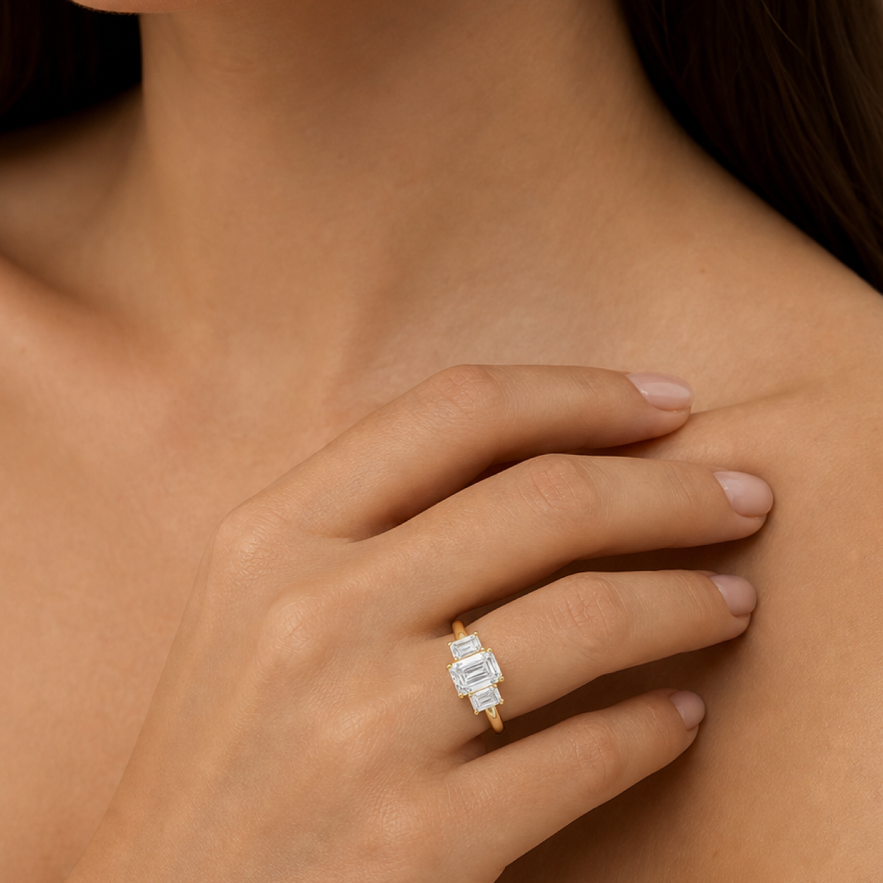 Emerald Emerald Three-Stone with Step-Cut Sides in 14K Rose Gold wearing