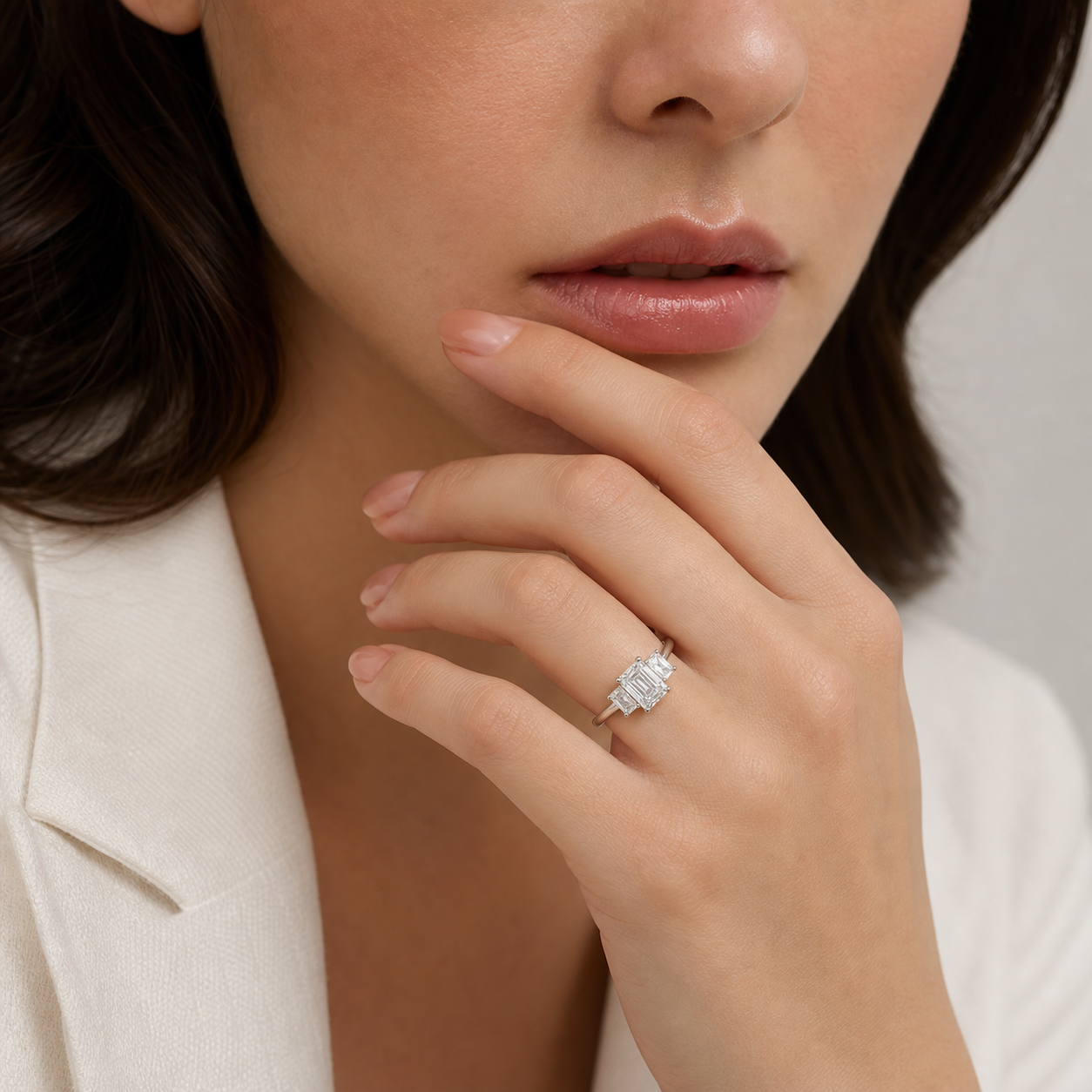 Emerald Emerald Three-Stone with Step-Cut Sides in 14K White Gold wearing