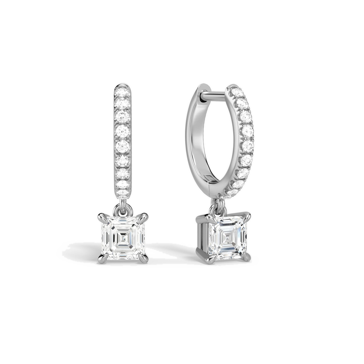 Fiorella Asscher Accented Drop Huggie Hoop Lab-Grown Diamond Earrings in 14K White Gold, front view