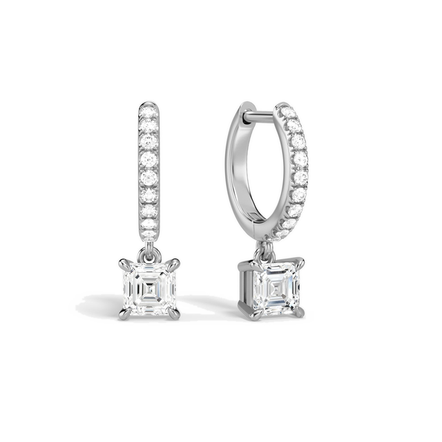 Fiorella Asscher Accented Drop Huggie Hoop Lab-Grown Diamond Earrings in 14K White Gold, front view
