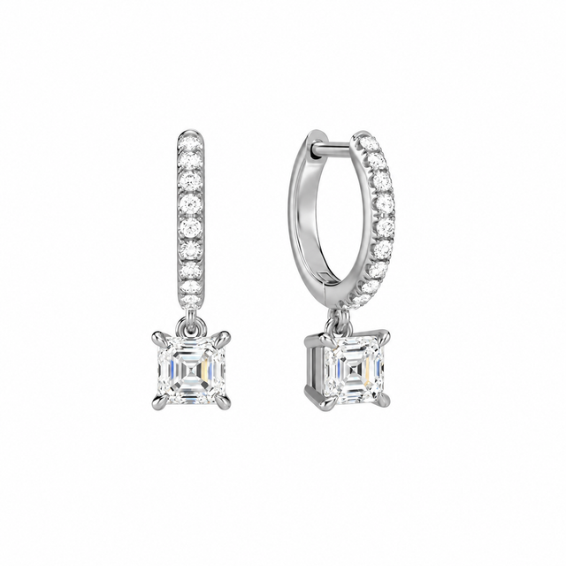 Fiorella Asscher Accented Drop Huggie Hoop Lab-Grown Diamond Earrings in 14K White Gold, front view