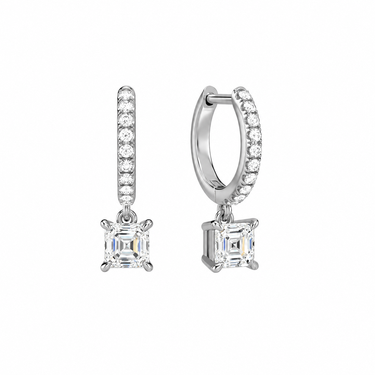 Fiorella Asscher Accented Drop Huggie Hoop Lab-Grown Diamond Earrings in Platinum, front view