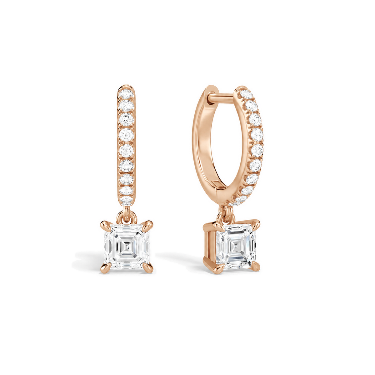 Fiorella Asscher Accented Drop Huggie Hoop Lab-Grown Diamond Earrings in 14K Rose Gold, front view