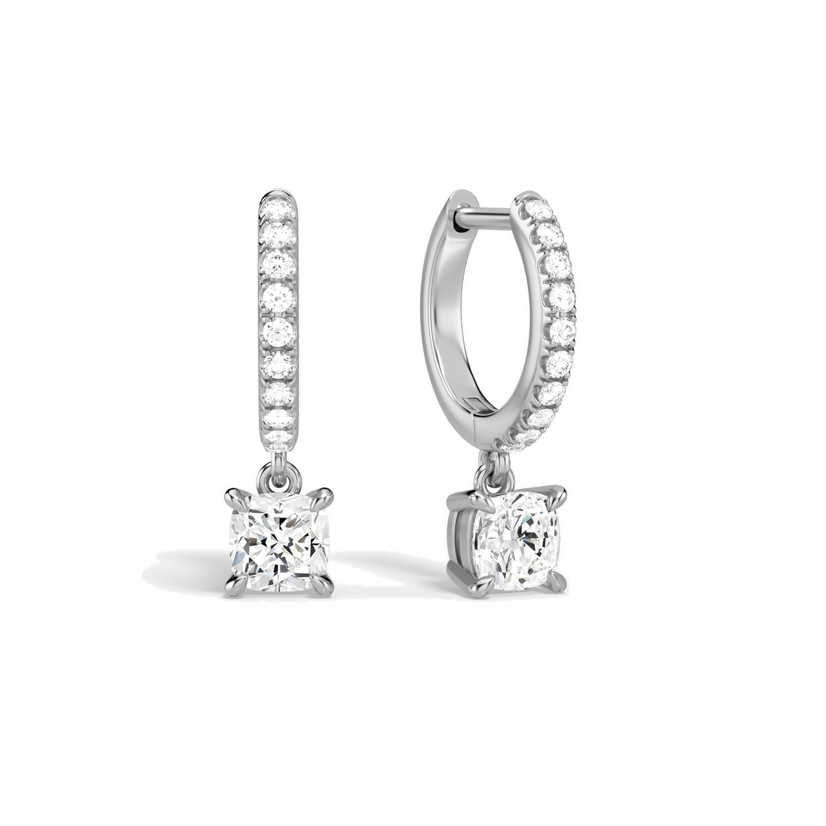 Fiorella Cushion Accented Drop Huggie Hoop Lab-Grown Diamond Earrings in 18K White Gold, front view