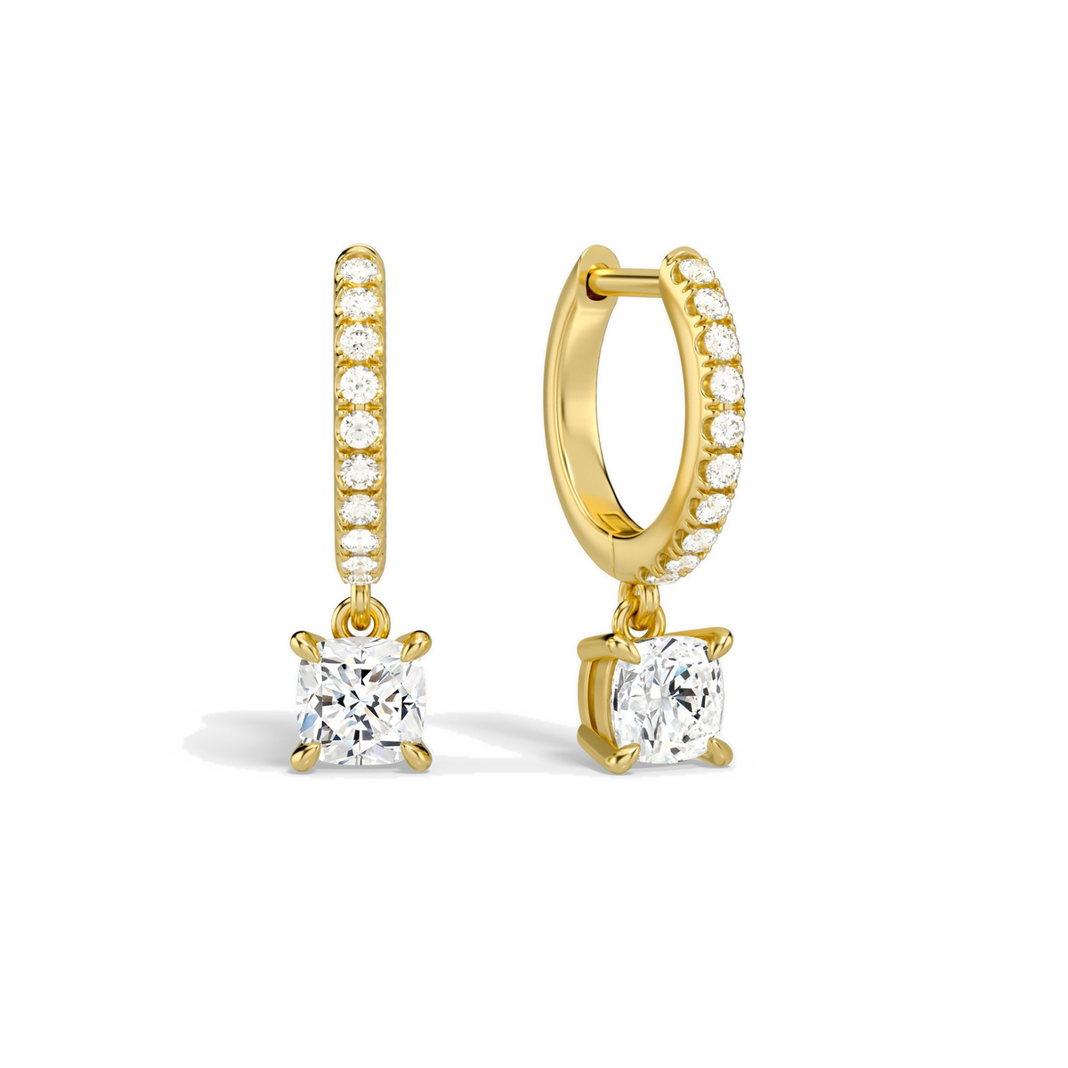 Fiorella Cushion Accented Drop Huggie Hoop Lab-Grown Diamond Earrings in 14K Yellow Gold, front view