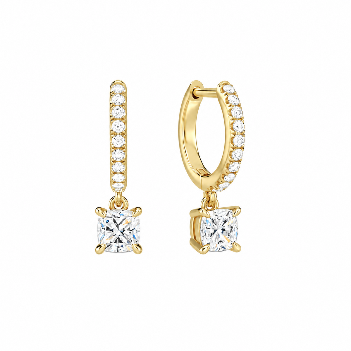 Fiorella Cushion Accented Drop Huggie Hoop Lab-Grown Diamond Earrings in 14K Yellow Gold, front view