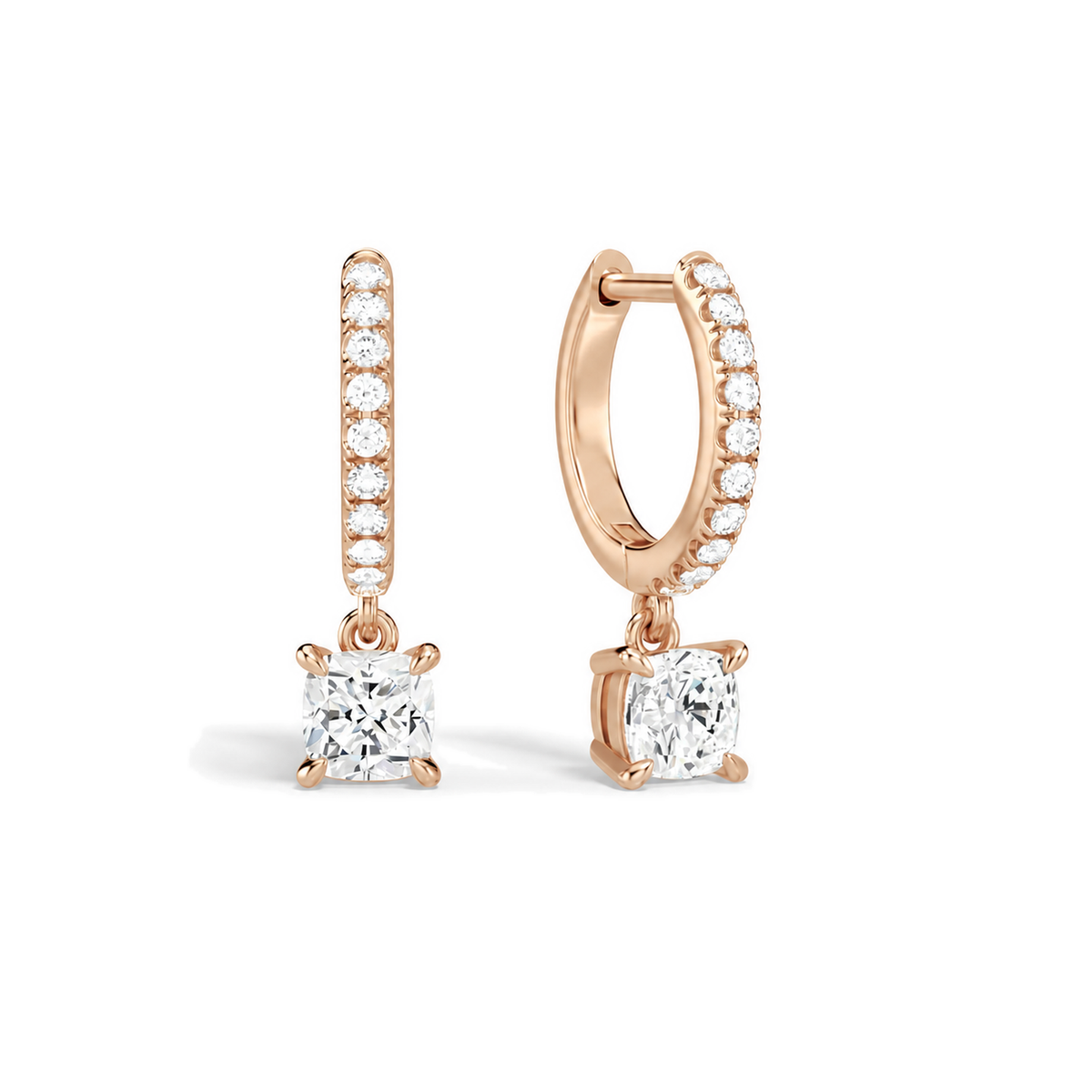 Fiorella Cushion Accented Drop Huggie Hoop Lab-Grown Diamond Earrings in 14K Rose Gold, front view