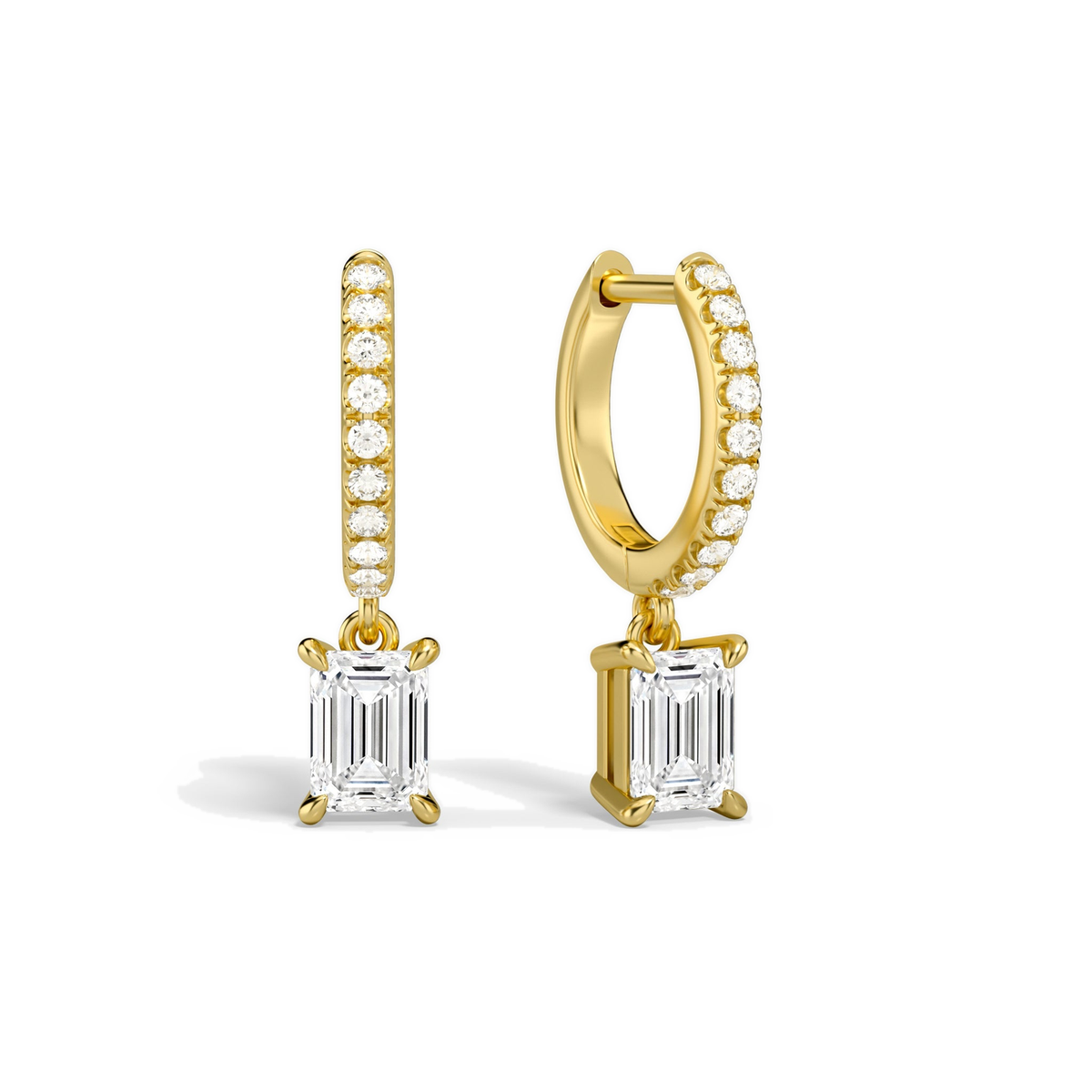 Fiorella Emerald Accented Drop Huggie Hoop Lab-Grown Diamond Earrings in 14K Yellow Gold, front view