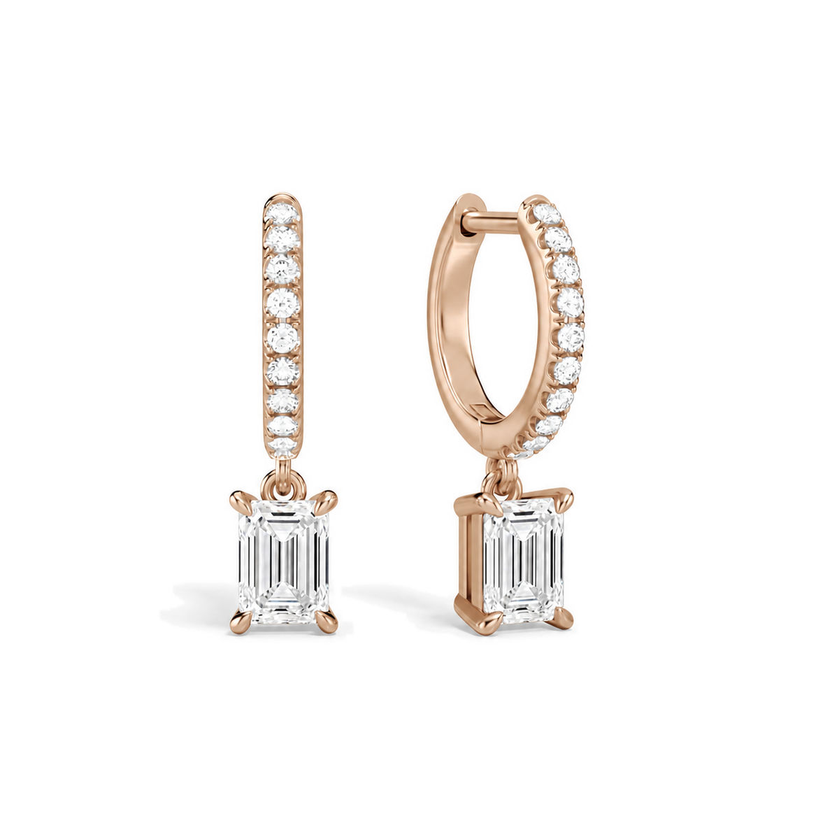 Fiorella Emerald Accented Drop Huggie Hoop Lab-Grown Diamond Earrings in 14K Rose Gold, front view