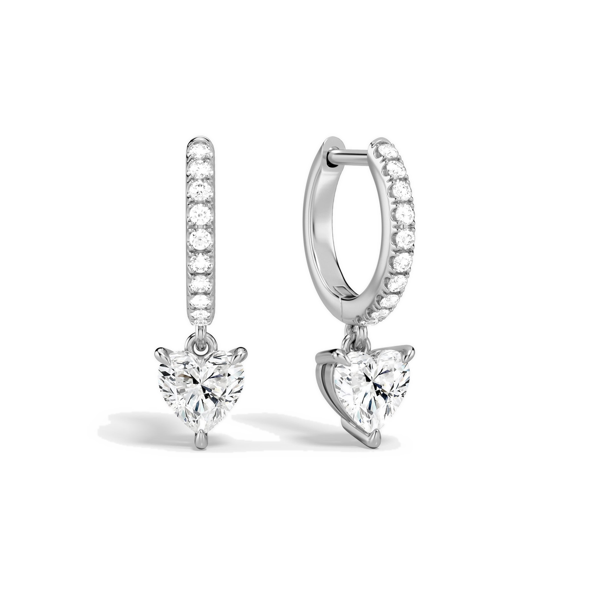 Fiorella Heart Accented Drop Huggie Hoop Lab-Grown Diamond Earrings in 18K White Gold, front view