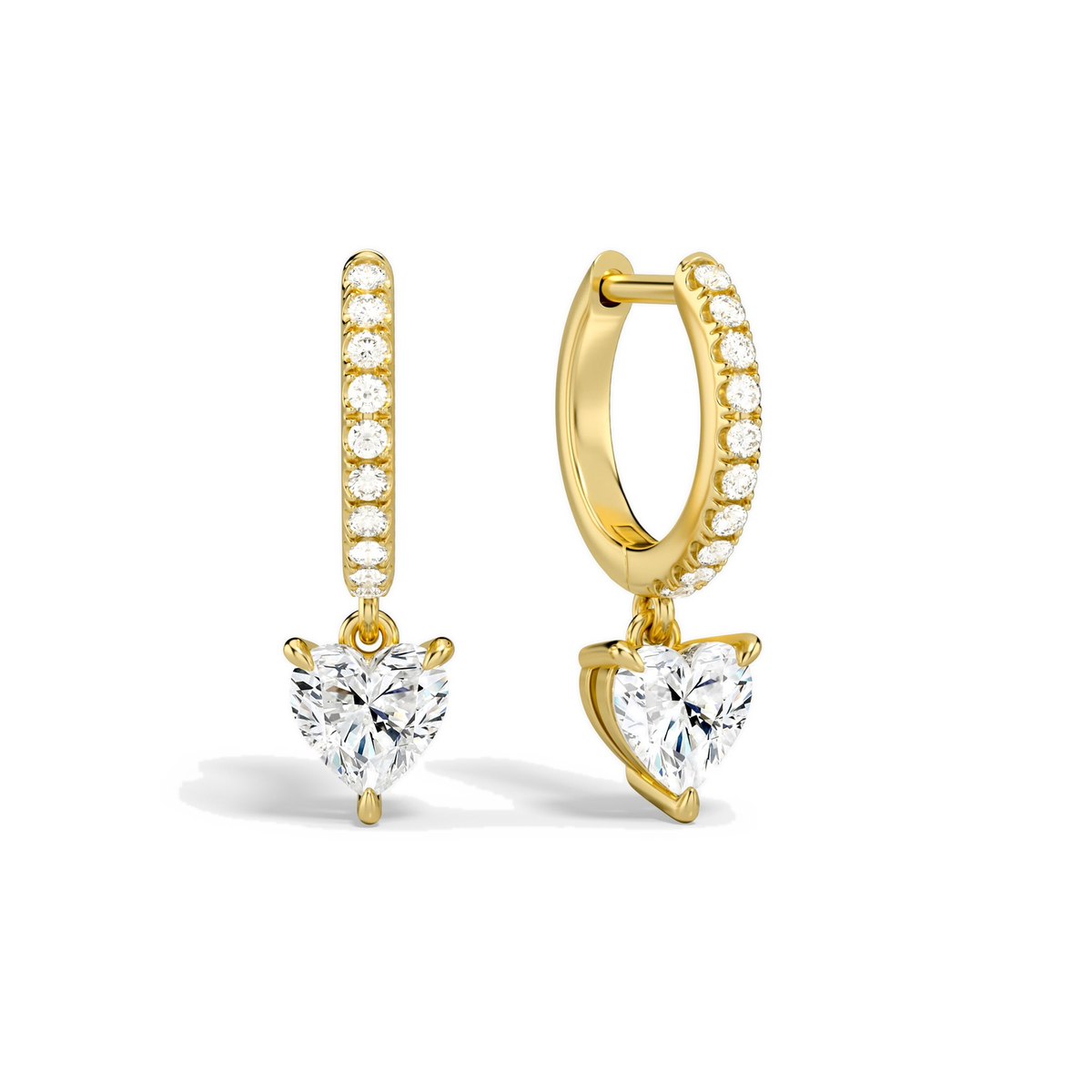 Fiorella Heart Accented Drop Huggie Hoop Lab-Grown Diamond Earrings in 18K Yellow Gold, front view