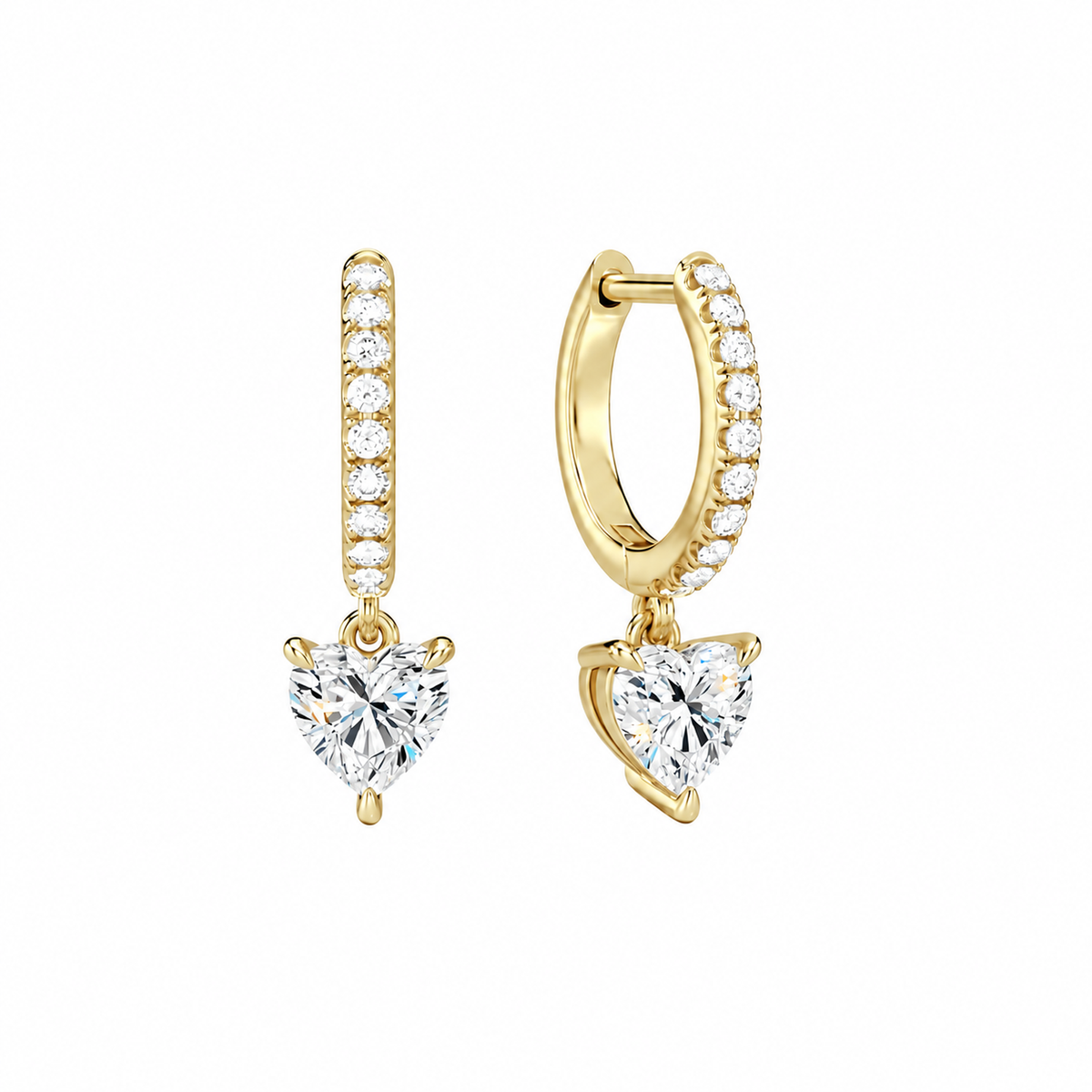 Fiorella Heart Accented Drop Huggie Hoop Lab-Grown Diamond Earrings in 14K Yellow Gold, front view