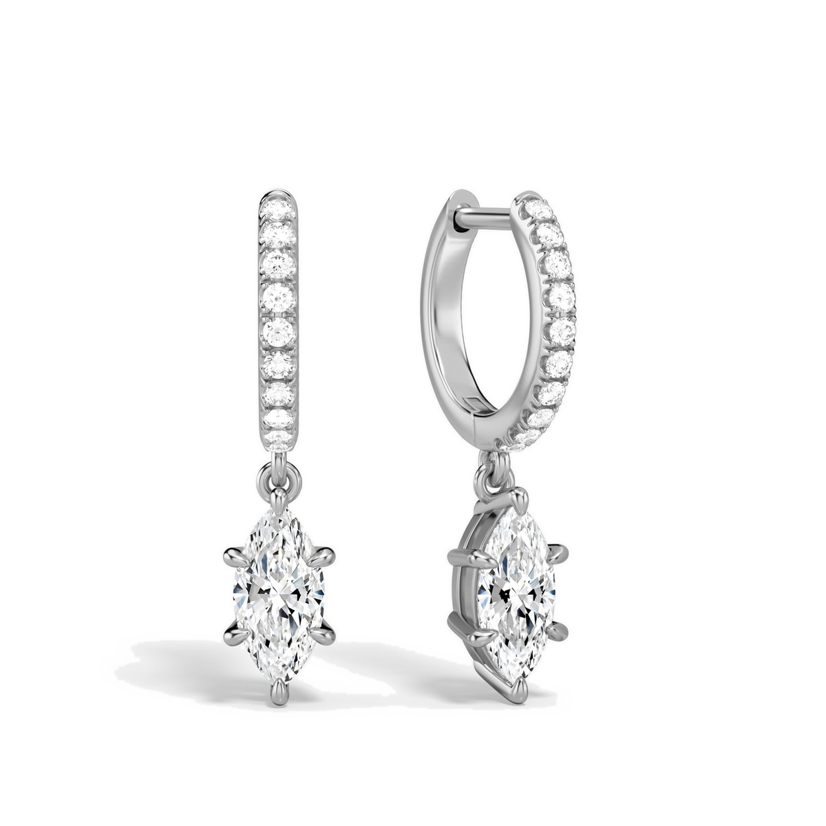 Fiorella Marquise Accented Drop Huggie Hoop Lab-Grown Diamond Earrings in 14K White Gold, front view