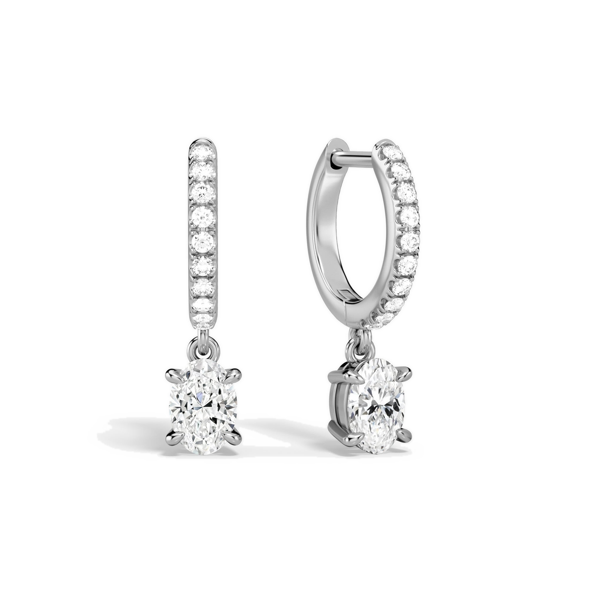 Fiorella Oval Accented Drop Huggie Hoop Lab-Grown Diamond Earrings in 18K White Gold, front view