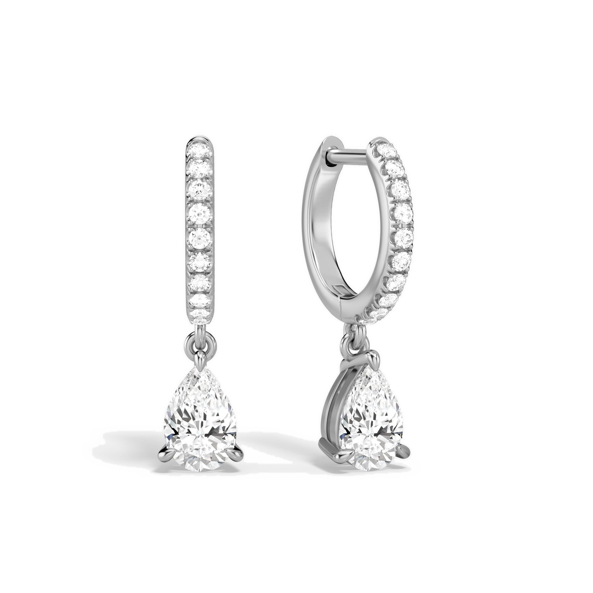 Fiorella Pear Accented Drop Huggie Hoop Lab-Grown Diamond Earrings in 18K White Gold, front view