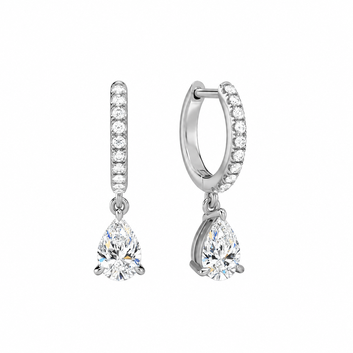 Fiorella Pear Accented Drop Huggie Hoop Lab-Grown Diamond Earrings in 18K White Gold, front view