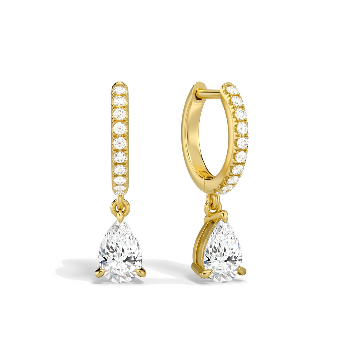 Fiorella Pear Accented Drop Huggie Hoop Lab-Grown Diamond Earrings in 14K Yellow Gold, front view