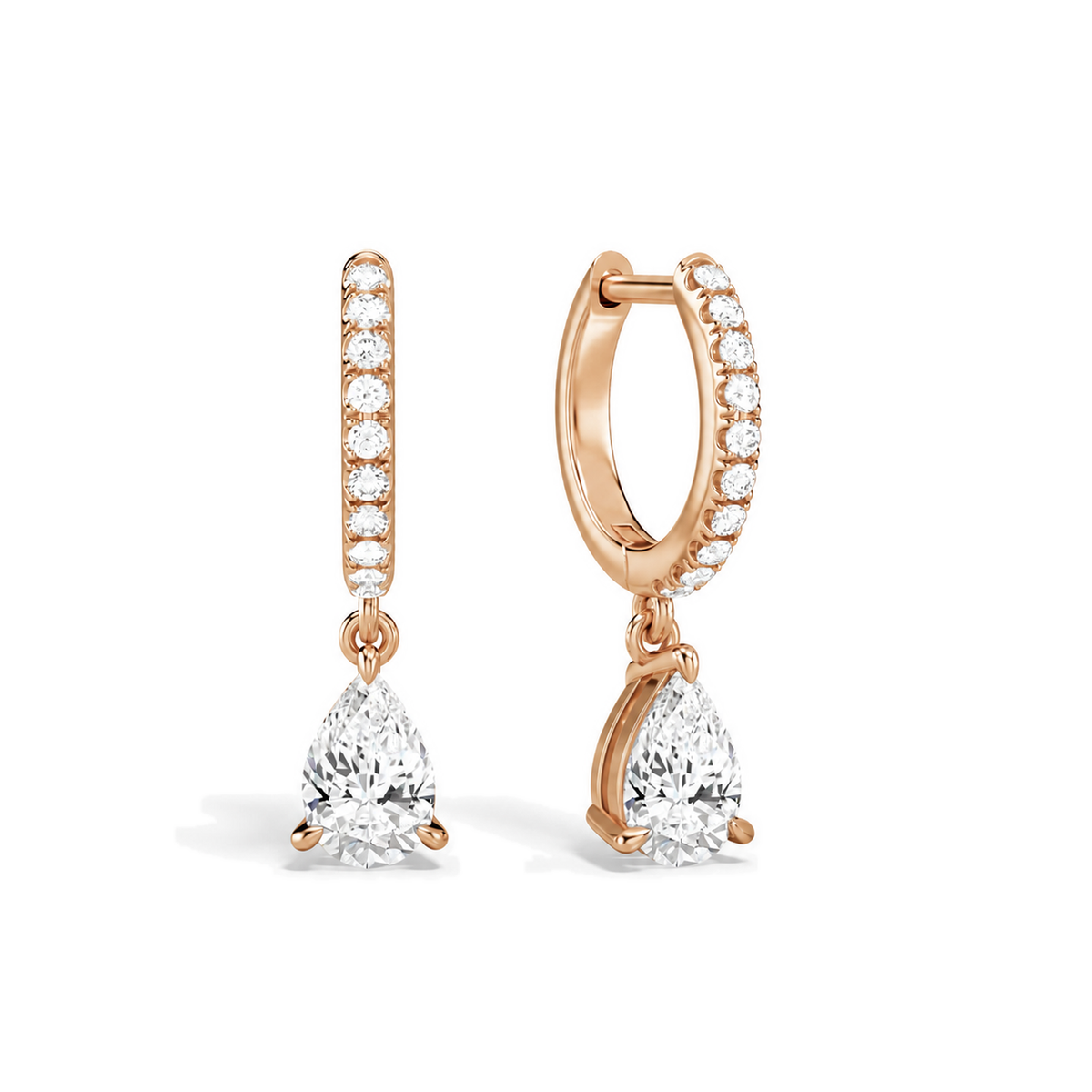 Fiorella Pear Accented Drop Huggie Hoop Lab-Grown Diamond Earrings in 14K Rose Gold, front view
