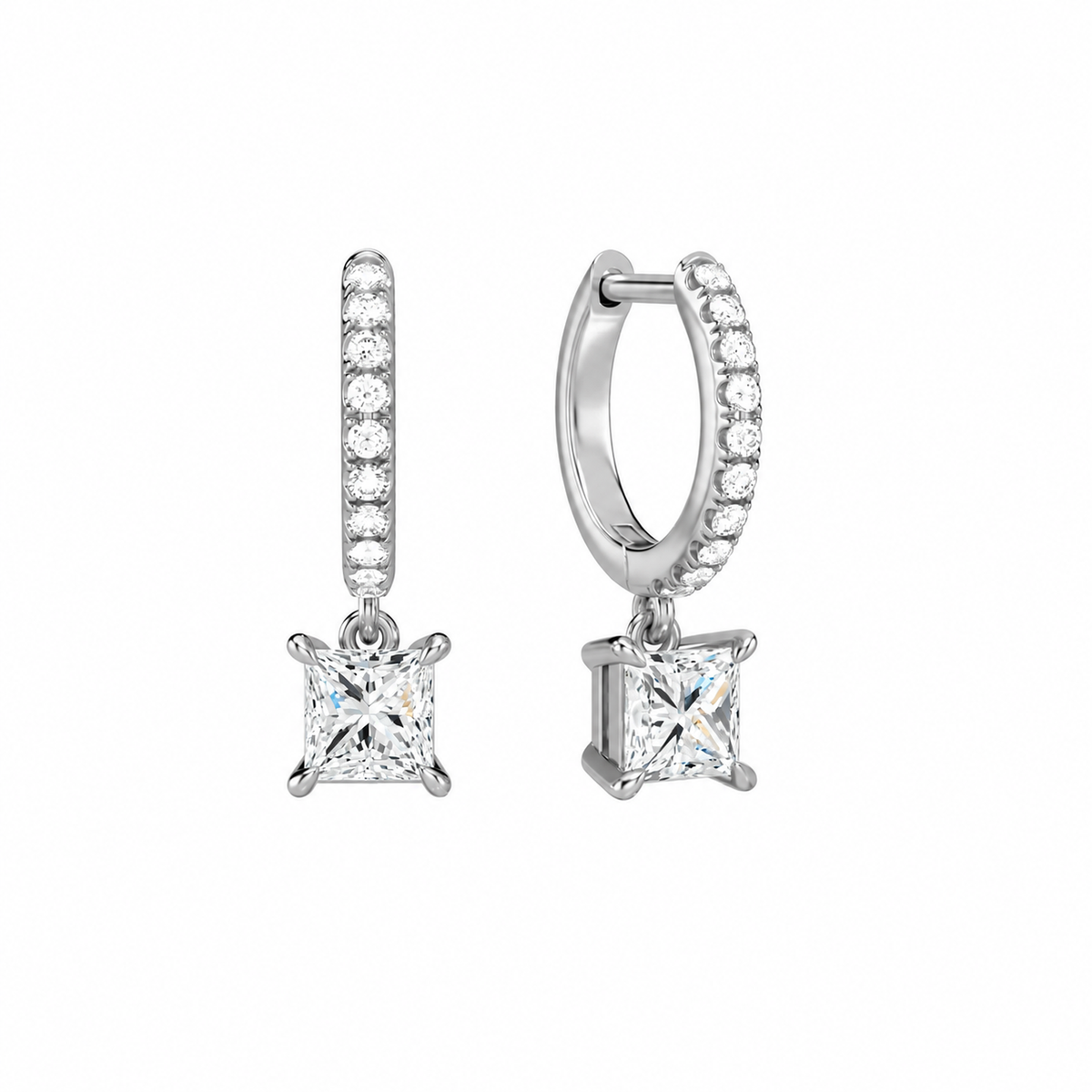Fiorella Princess Accented Drop Huggie Hoop Lab-Grown Diamond Earrings in 14K White Gold, front view