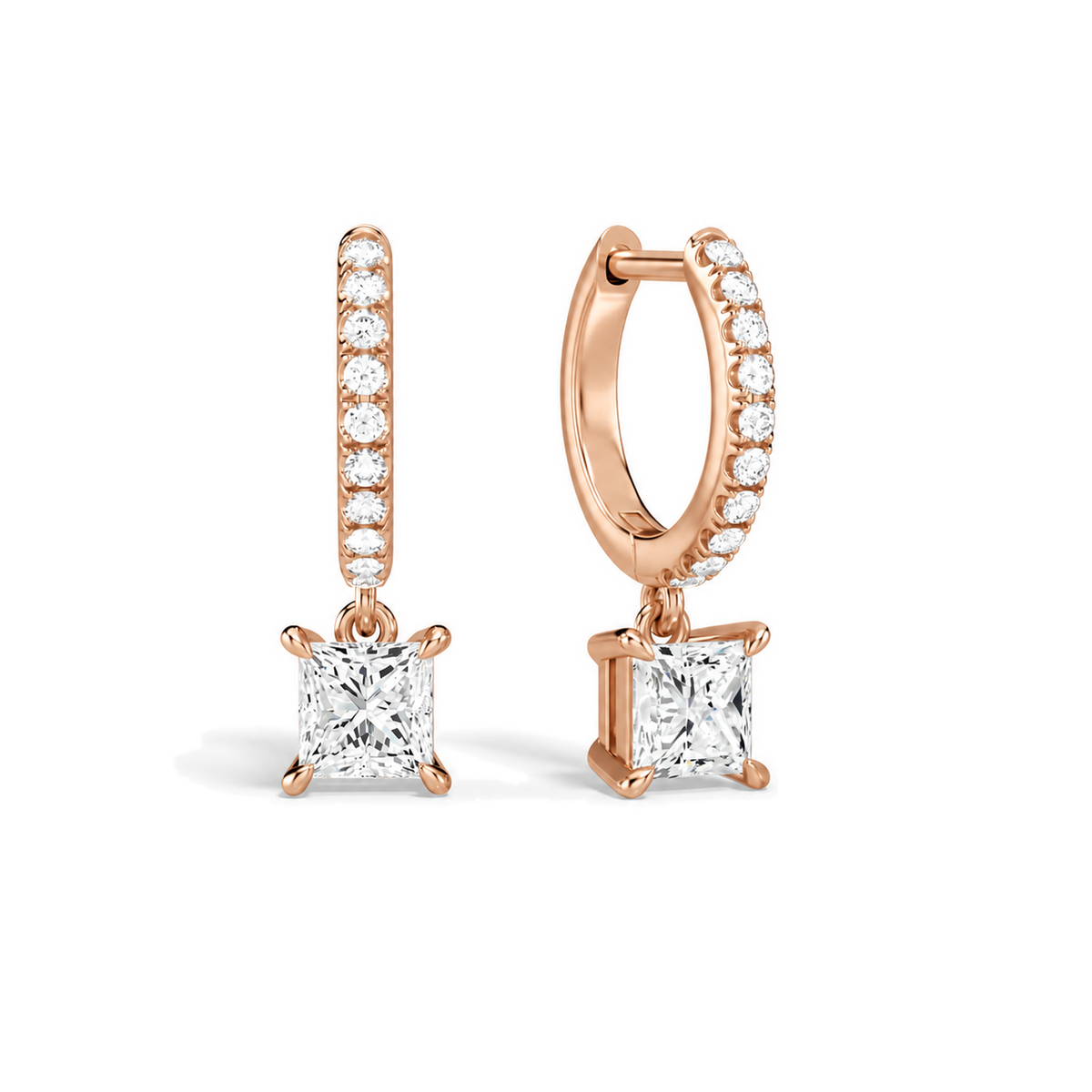 Fiorella Princess Accented Drop Huggie Hoop Lab-Grown Diamond Earrings in 14K Rose Gold, front view