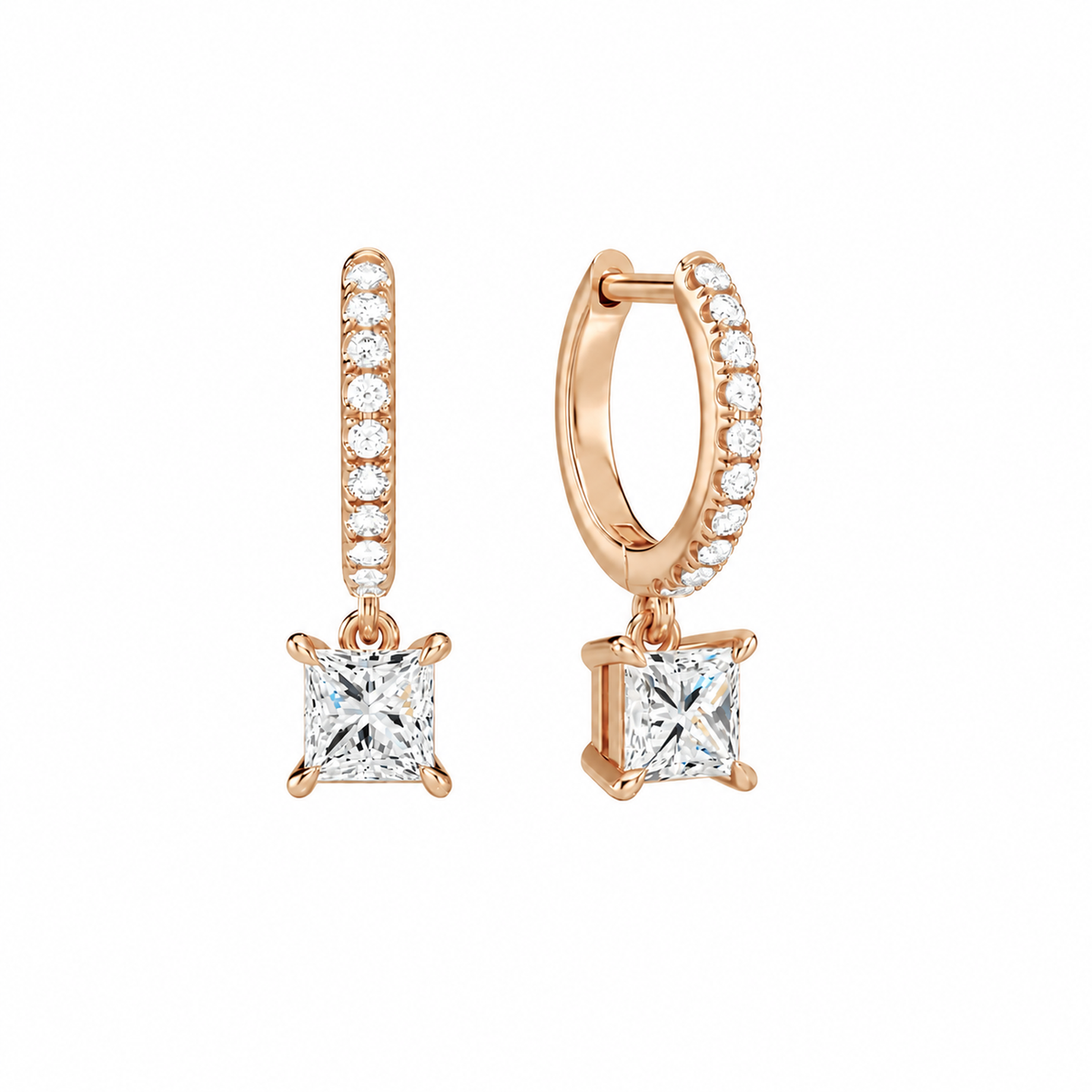 Fiorella Princess Accented Drop Huggie Hoop Lab-Grown Diamond Earrings in 14K Rose Gold, front view