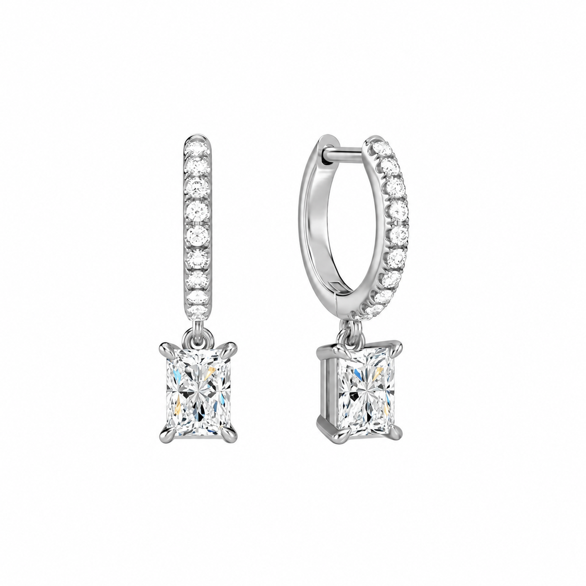 Fiorella Radiant Accented Drop Huggie Hoop Lab-Grown Diamond Earrings in 18K White Gold, front view