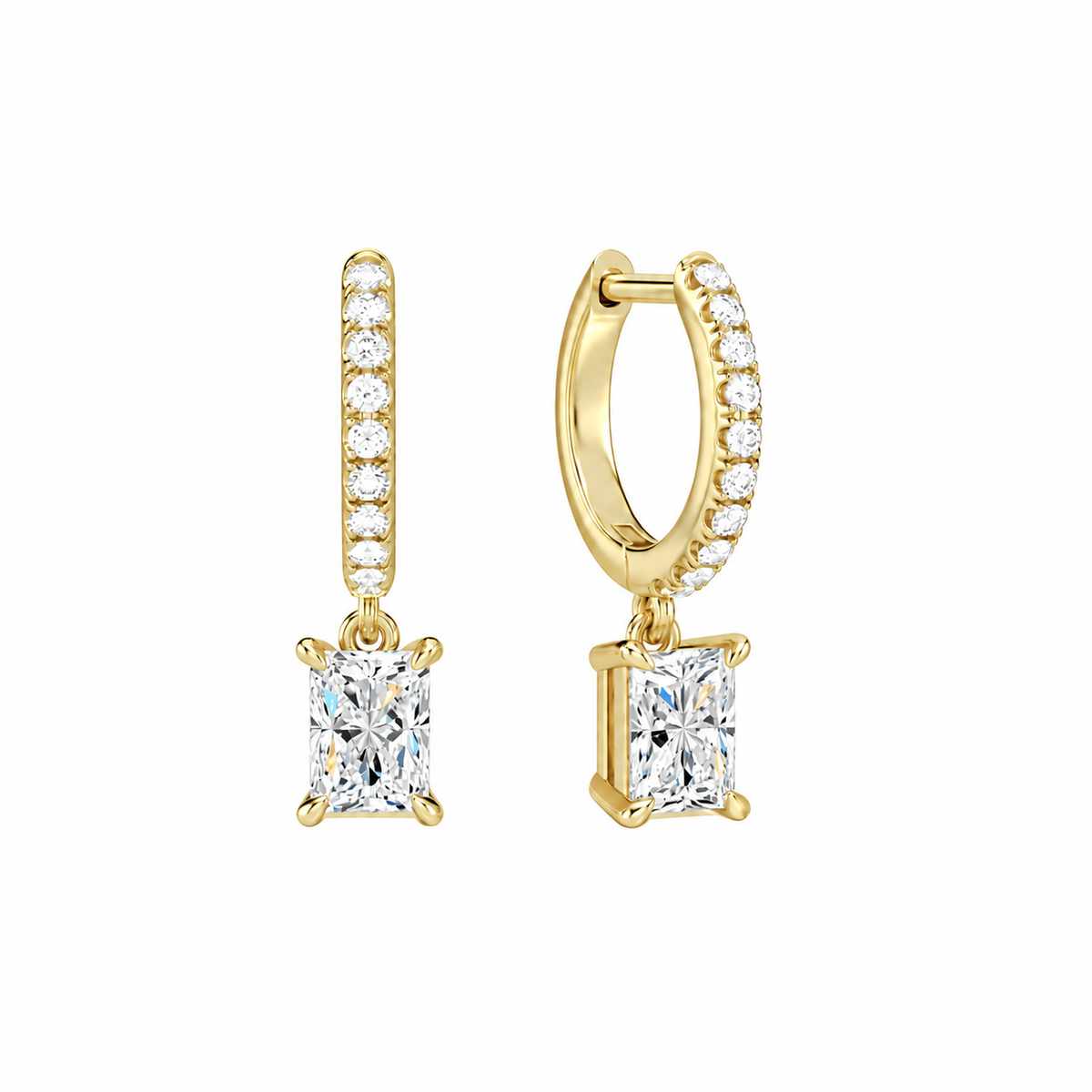 Fiorella Radiant Accented Drop Huggie Hoop Lab-Grown Diamond Earrings in 14K Yellow Gold, front view