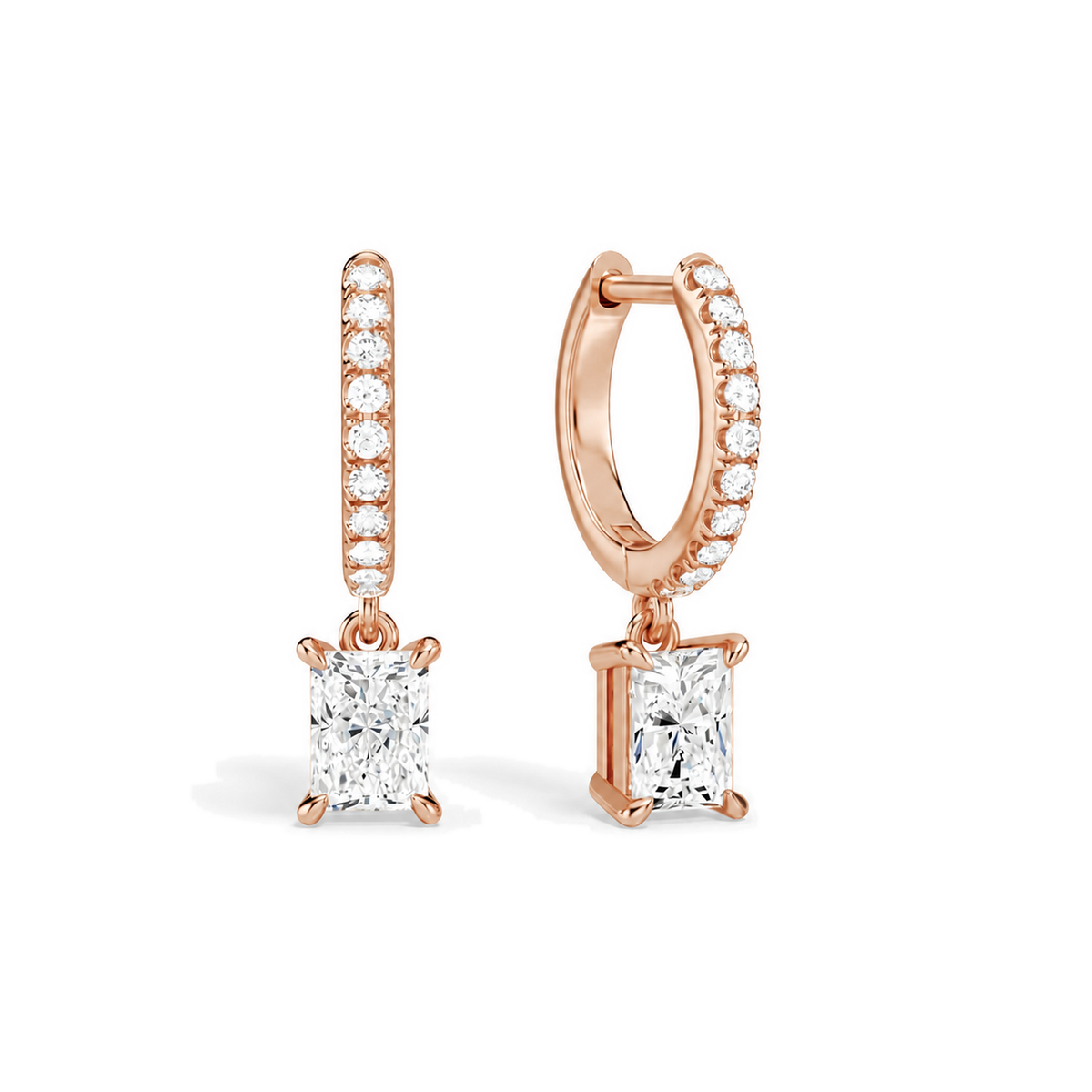 Fiorella Radiant Accented Drop Huggie Hoop Lab-Grown Diamond Earrings in 14K Rose Gold, front view
