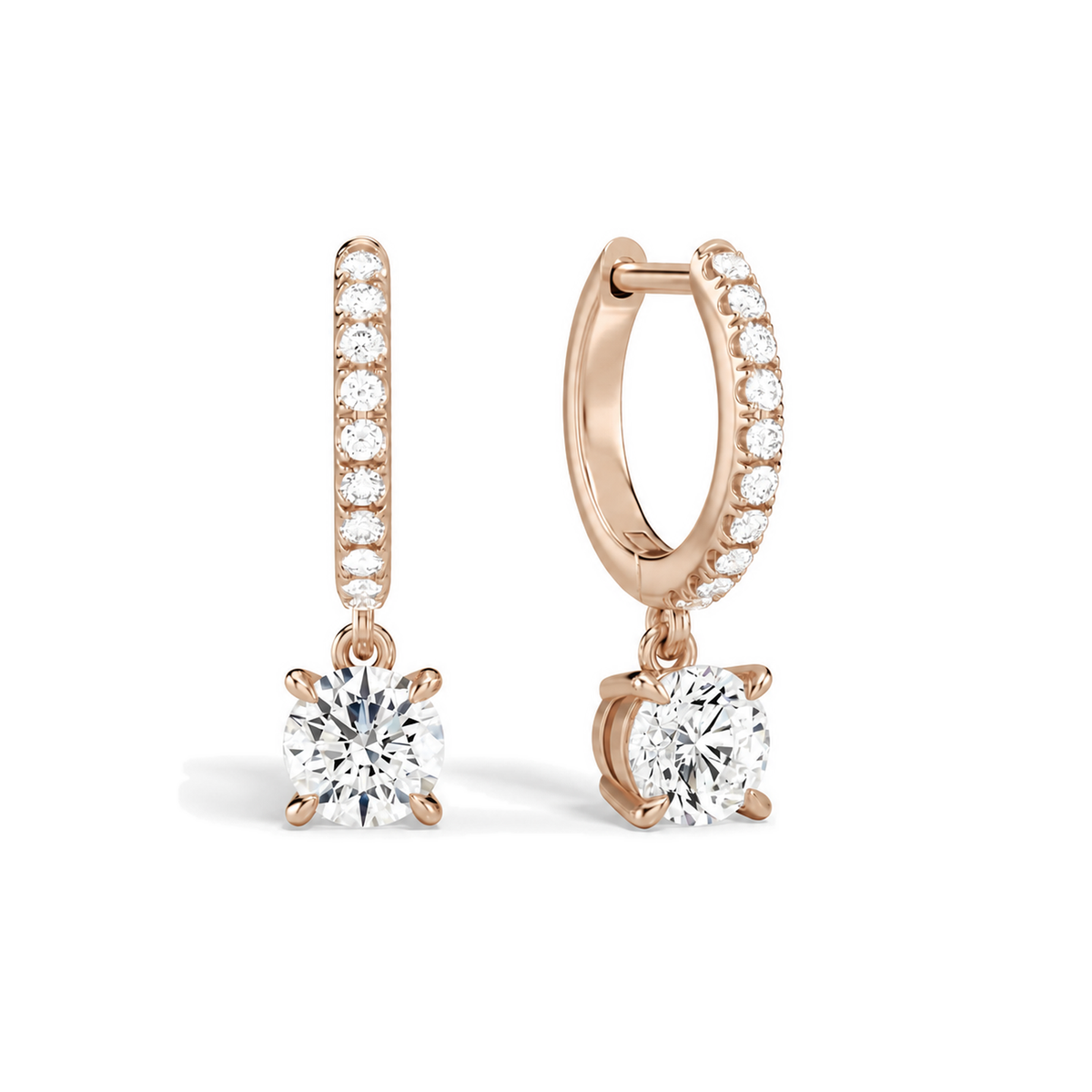 Fiorella Round Accented Drop Huggie Hoop Lab-Grown Diamond Earrings in 14K Rose Gold, front view