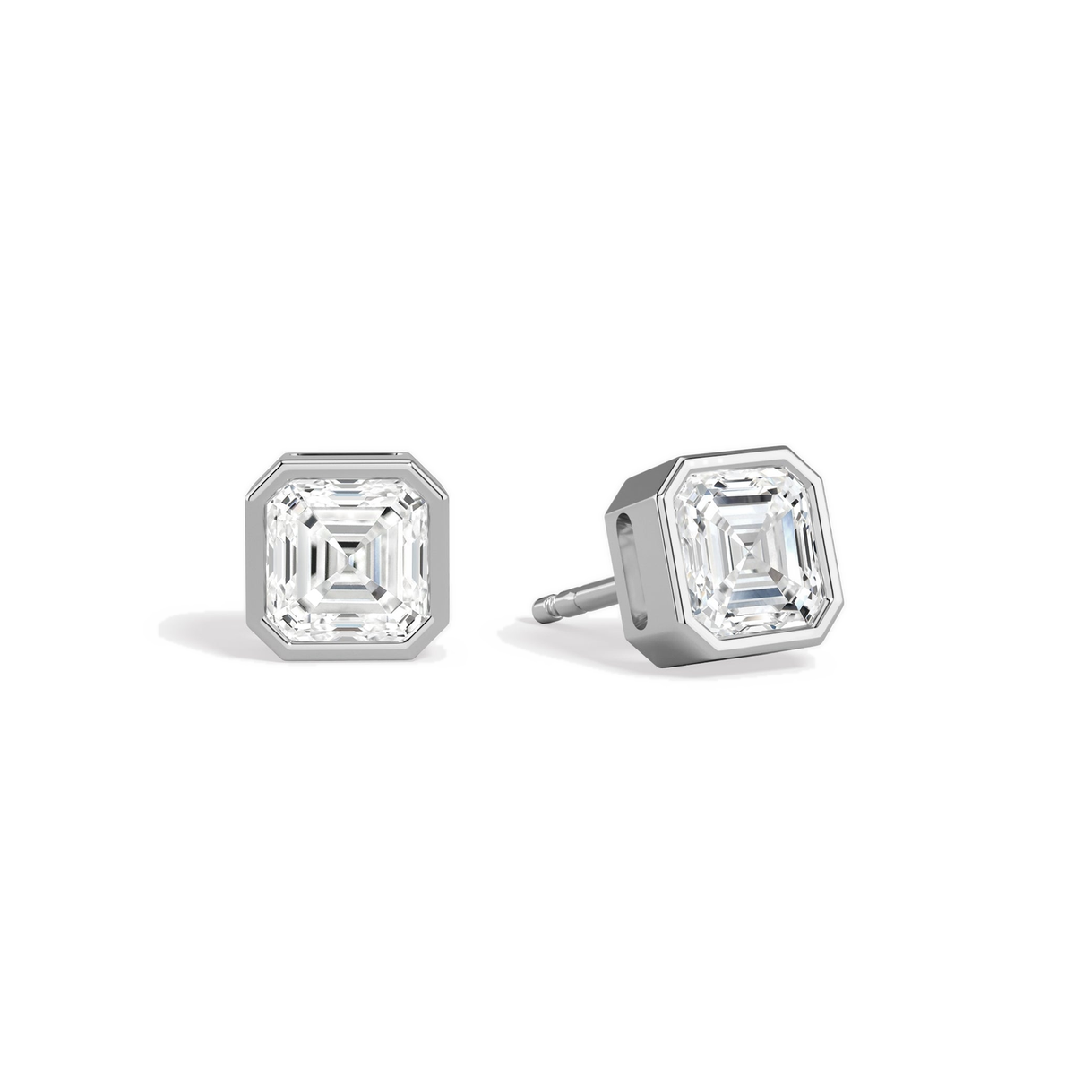 Jolie Asscher Bezel Solitaire Lab-Grown Diamond Stud Earrings in 14K White Gold, front view
