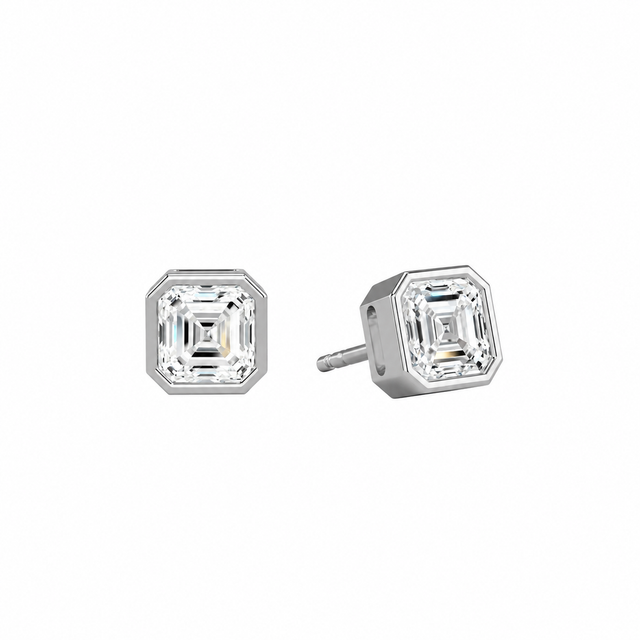 Jolie Asscher Bezel Solitaire Lab-Grown Diamond Stud Earrings in 14K White Gold, front view