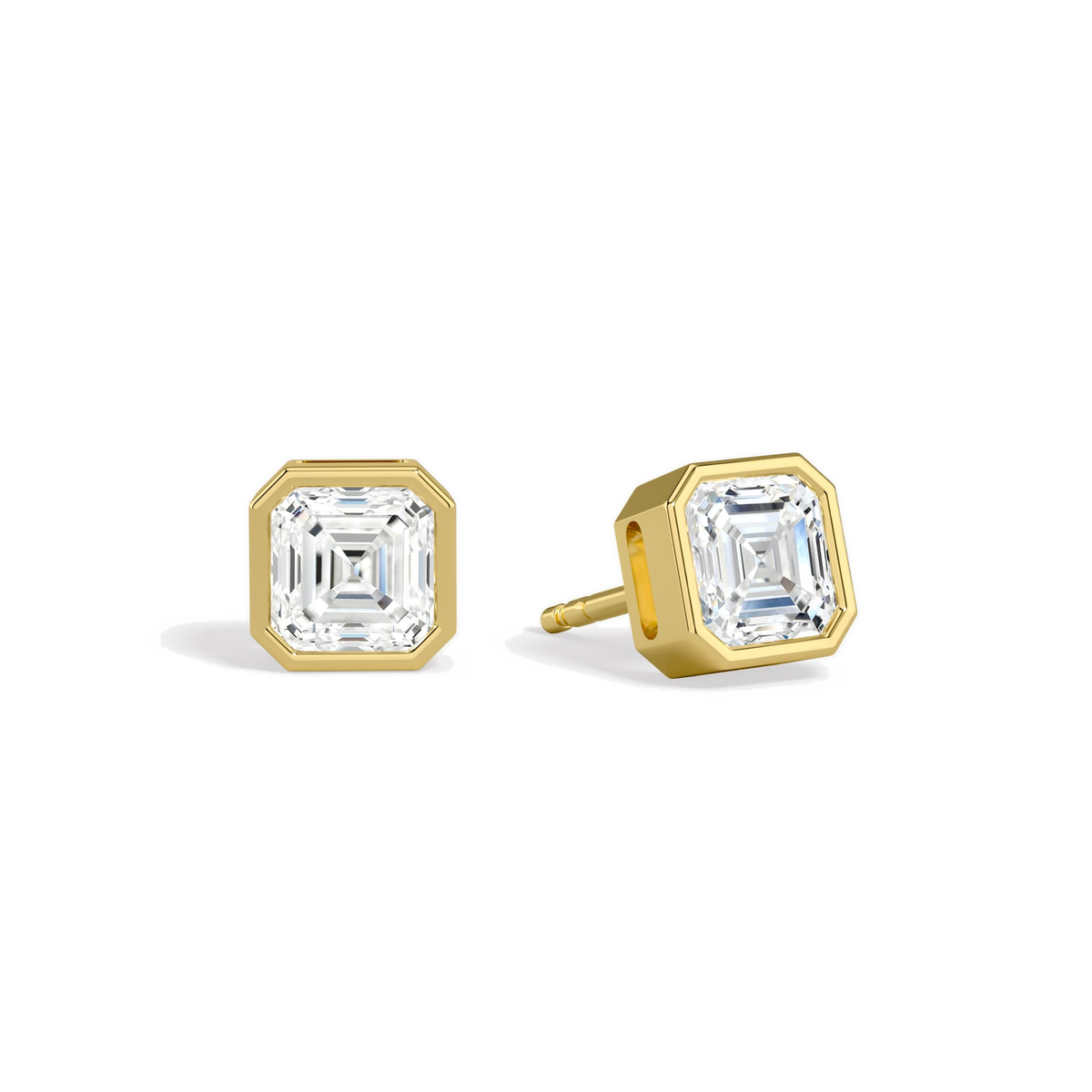 Jolie Asscher Bezel Solitaire Lab-Grown Diamond Stud Earrings in 14K Yellow Gold, front view