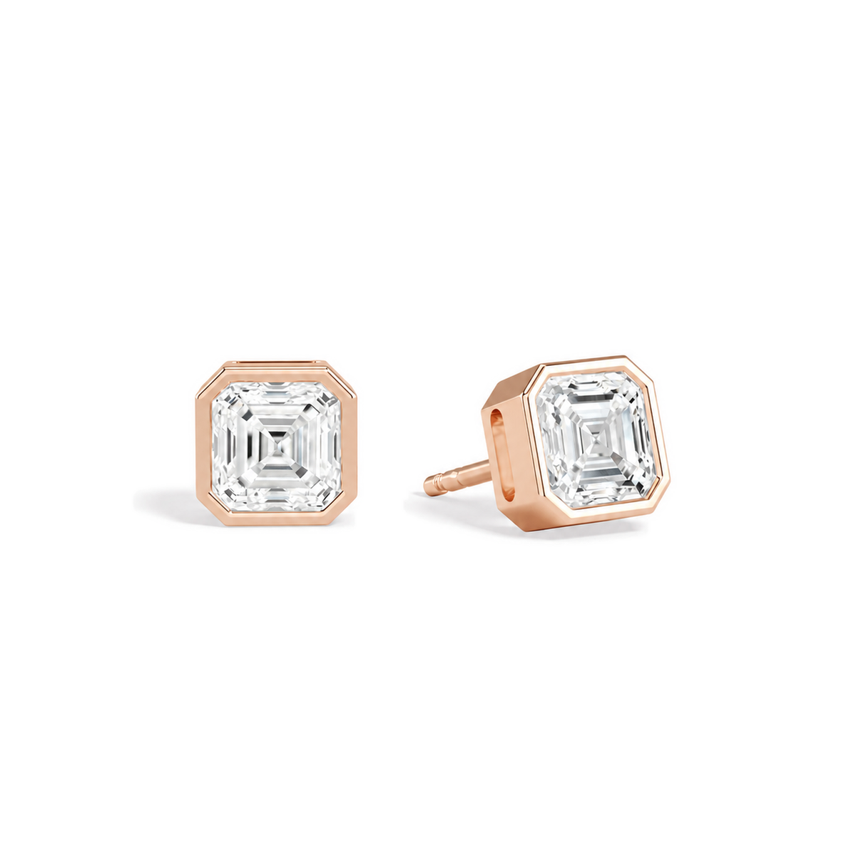 Jolie Asscher Bezel Solitaire Lab-Grown Diamond Stud Earrings in 14K Rose Gold, front view