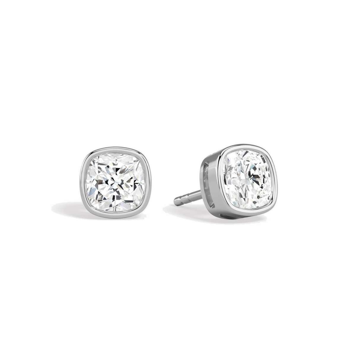 Jolie Cushion Bezel Solitaire Lab-Grown Diamond Stud Earrings in 18K White Gold, front view